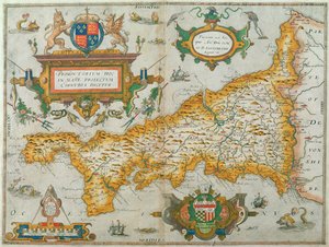 Cornwall megye térképe, 1579 (kézzel színezett metszet)
